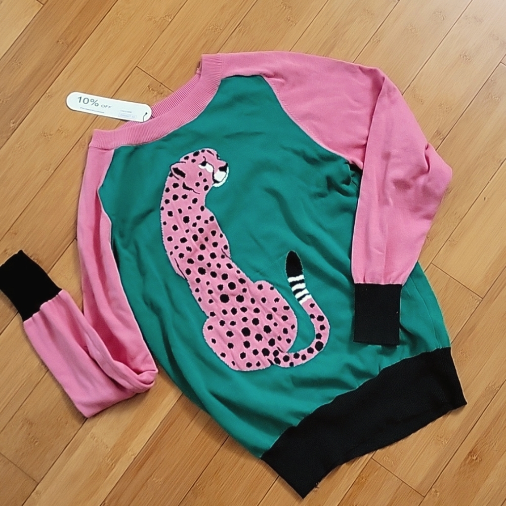 Oxknit maximalist pink and green leopard long sleeve knit sweater